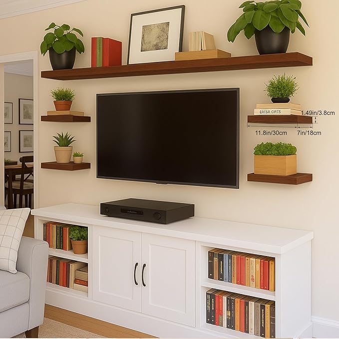 Floating Shelves for Wall, Bathroom Shelves Over Toilet, Wall Shelves & Book Shelf, Hanging Shelf, Modern Wooden Wall-Mounted Small Floating Shelves, 12x7x1.5 in (Walnut-Like, Set of 2)