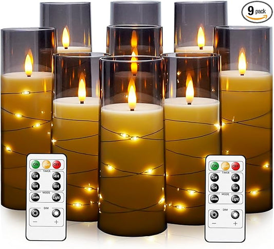 kakoya Flameless LED Candles with Timer 9 Pc Flickering Flameless Candles for Romantic Ambiance and Home Decoration Stable Acrylic Shell,with Embedded Star String，Battery Operated Candles（Grey）