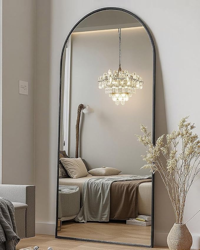 DMWOODFL 58"x18" Arched Full Length Mirror - Wall/Floor Mounted with Stand, Shatter-Proof Glass & Aluminum Frame, Large Body Mirror for Bedroom, Living Room, Entryway or Cloakroom, Black