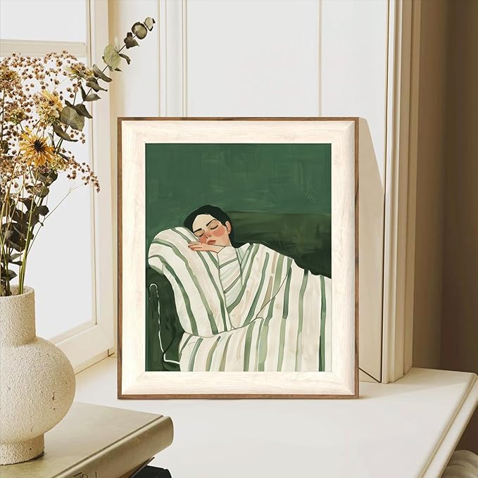 ASTRDECOR Minimalist Framed Wall Art - Cozy Woman Sleeping on Couch, Emerald Green & White Striped Blanket, Modern Aesthetic Bedroom or Living Room Décor, Eclectic Canvas Art Prints for Apartment 10x12Inch