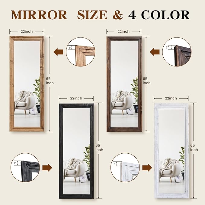 Full Length Mirror 65"x22" with Stand Solid Wood Frame Floor Large Mirror for Living Room, Bedroom Hanging Standing or Leaning Wall-Mounted, New Black