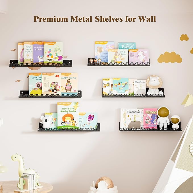 Nursery Book Shelves, Metal Floating Shelves for Wall 6 Pack, Black Scalloped Shelf, Wall Mounted Book Shelf for Kids Rooms, Baby Bookcase, Nursery Decor.