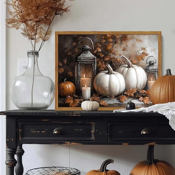 Framed Vintage Fall Pumpkin Canvas Wall Art, Rustic Farmhouse Autumn Paintings Wall Decor, Thanksgiving Pumpkins Pictures Prints Aesthetic Home Decor for Living Room Kitchen Office 16×24 inch