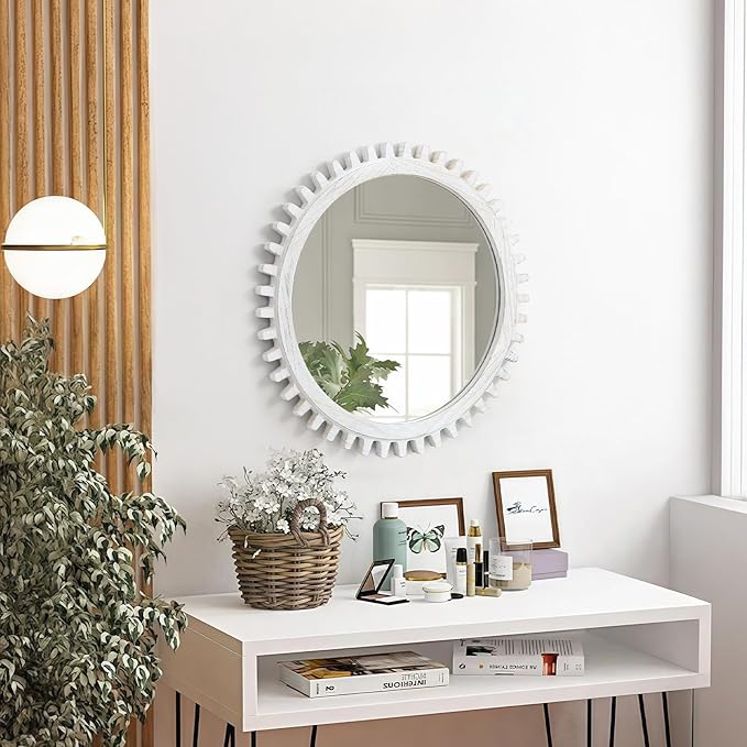 ULIKE Round Wood Mirror, 30 Inch Rustic Farmhouse Circle Mirror with Wooden Frame, Modern Wall Decor for Bathroom Nursery Bedroom Living Room Entryway, White