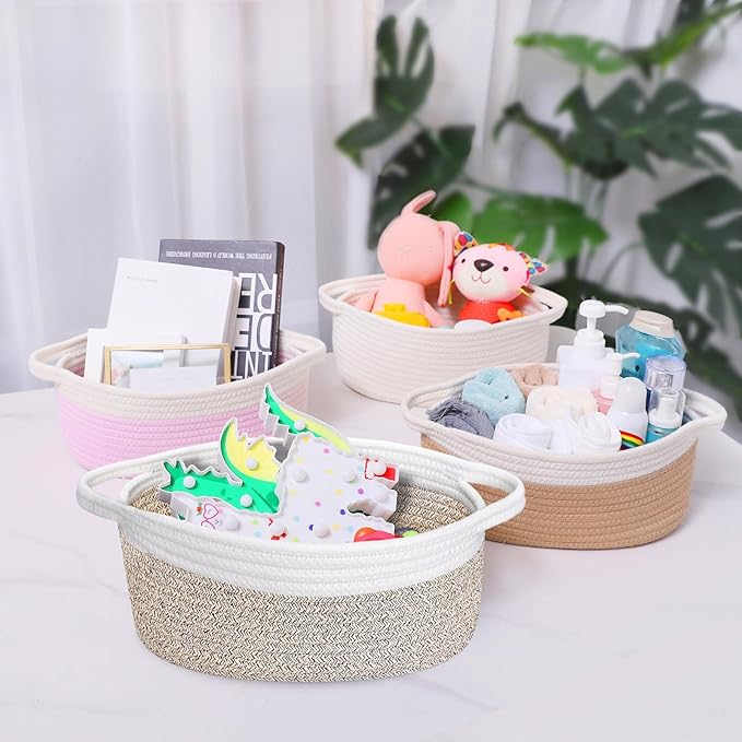 ABenkle Small Woven Basket, 12" x 8" x 5" - Cute Storage Basket with Handles for Room, Cat & Dog Toys, Gift Box