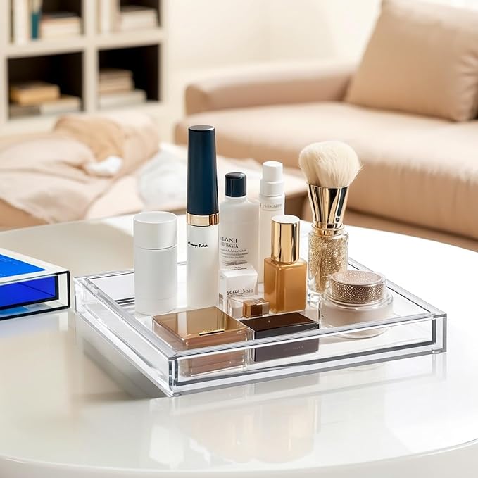 Clear Acrylic Tray - 10"x10" Multipurpose Square Decorative Tray for Perfume Display & Serving, Bathroom Sink Vanity Organizer Tray for Bathroom, Vanity, Coffee Table, Living Room Decor