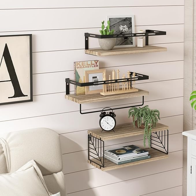 Fixwal Bathroom Shelves Over Toilet, Floating Shelves Wall Mounted with Metal Frame and Towel Bar for Bathroom, Kitchen, Bedroom, Living Room (3 Plus 1 Rustic Brown)