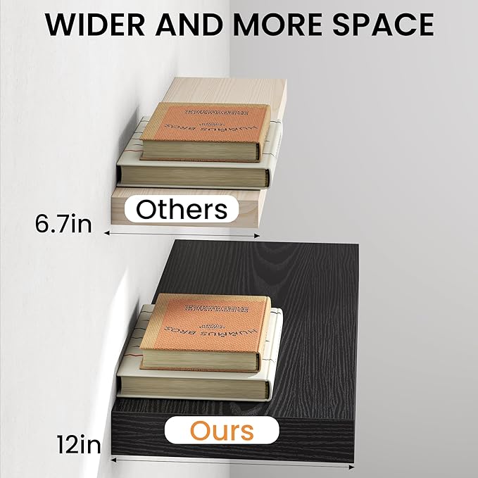 36Inch Black Floating Shelves for Wall, 12 Inch Deep Shelves for Bedroom, Kitchen, Bathroom Wall Mounted, Rustic Wood Floating Shelf with Invisible Brackets for Books, Storage, Decor, 2 Packs