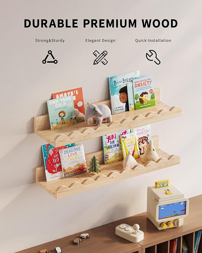 G&W Gruwald Nursery Book Shelves, Set of 3, Nursery Decor for Baby and Toddler, Scalloped Shelves, Book Shelf for Kids Rooms, Wall Book Shelf for Bedroom Kids, Floating Shelf for Wall