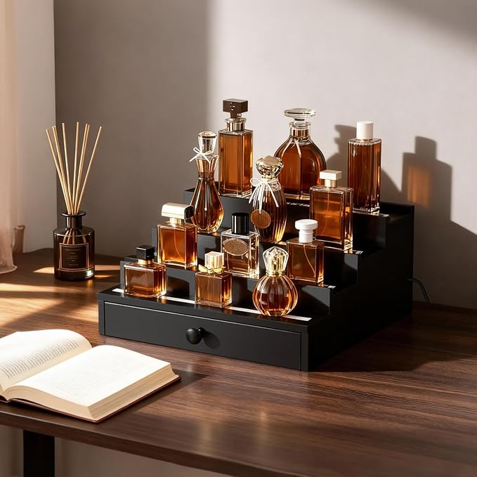 LED-Lighted Cologne Organizer for Men: Multi Lighting Modes Perfume Organizer with APP & Remote Control,4 Tier Wood Perfume Stand with Drawer and Hidden Compartment,Display Riser Shelf-Gift for Men