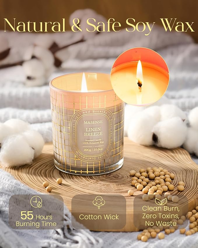 M&SENSE Fresh Linen Scented Candle, Natural Soy, Clean Burn Long Burning, Fresh Air Purifying Home Fragrance, 55 Hours Long Burning 10.3oz, Home Decor Housewarming Gifts for Women