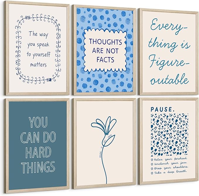 Mental Health Wall Decor Therapy Office Canvas Wall Art Posters Blue Boho Motivational Picture Psychology Artwork Inspirational Positive Quotes Prints for Counseling Office 8x10 Inch Framed 6Pcs