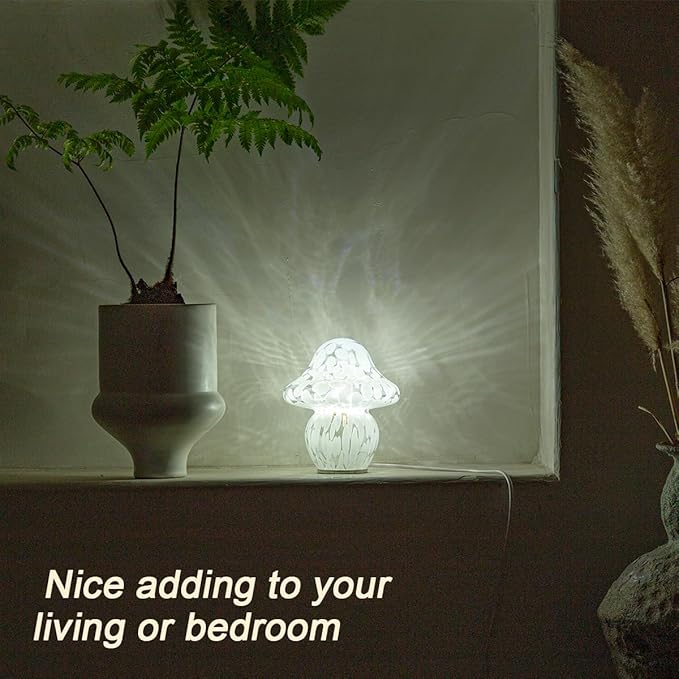 HEQET Mushroom Lamp Glass Mushroom Table Lamp for Bedrooms, Living Room, Aesthetic Lamps for Bedroom, Cute Bedside Lamp（White Dot）