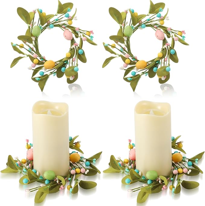 Daifunli 2 Pcs Spring Candle Rings Primitive Farmhouse Vintage Pastel Pip Berry Wreaths for Pillar 3.9 Inch Candles Holder for Spring Rustic Table Centerpiece Decor