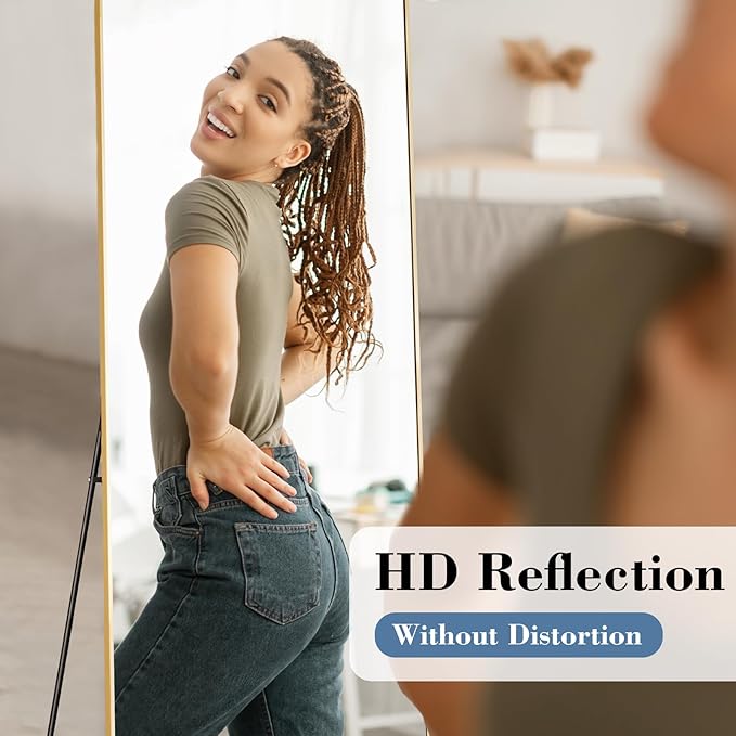 DUMOS 21"x56" Full Length Mirror with Stand, Floor Standing Aluminum Frame, Shatter-Proof Nano Glass for Bedroom, Living Room, Cloakroom – Modern Simple Home Decor,Can Be Hanging or Leaning, Gold