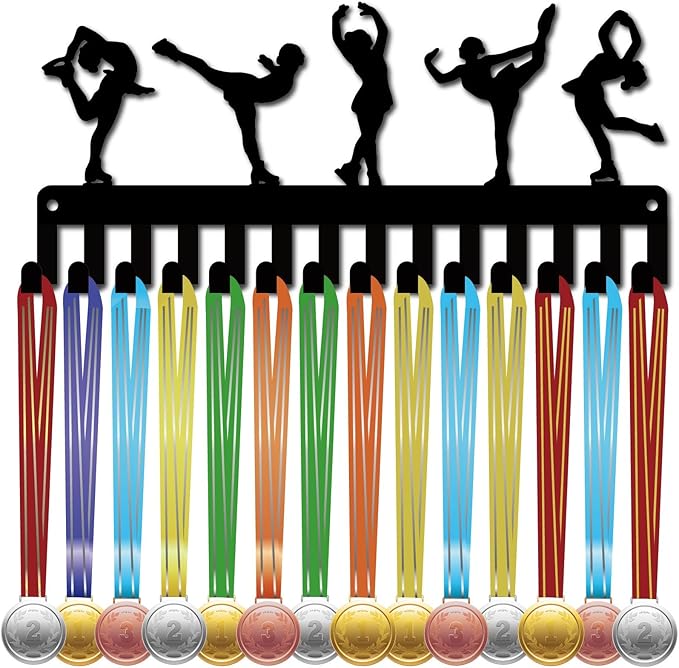 CREATCABIN Figure Skating Medals Holders Medal Display Hanger Small Rack Organizer Metal Ribbon Shelf Stand Frame Decor Wall Mounted Hanging with 14 Hooks for Athlete Sporter Black 11.4 x 5Inch