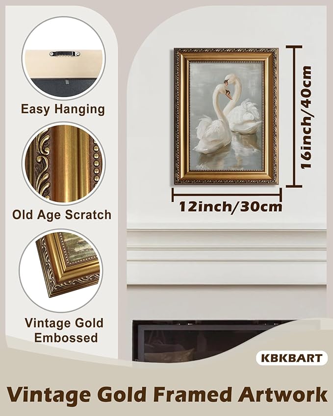 KBKBART Vintage Framed Wall Art for Living Room, Farmhouse White Swan Vintage Painting Canvas Wall Art Prints for Bathroom Wall Decor, Classical Gold Framed Animal Vintage Wall Decor Aesthetic for Bedroom Nursery, 12”x16“