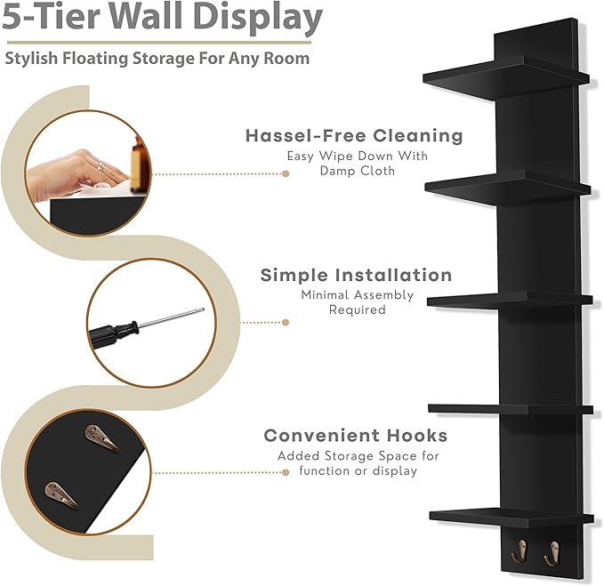 Sorbus 5 Tier Wall Shelf Unit with Hooks, Vertical Column Utility Shelving for Home Decor and Storage Organizer, Wall-Mounted Floating Shelves for Bathroom Storage, Bedroom (2 Pack)