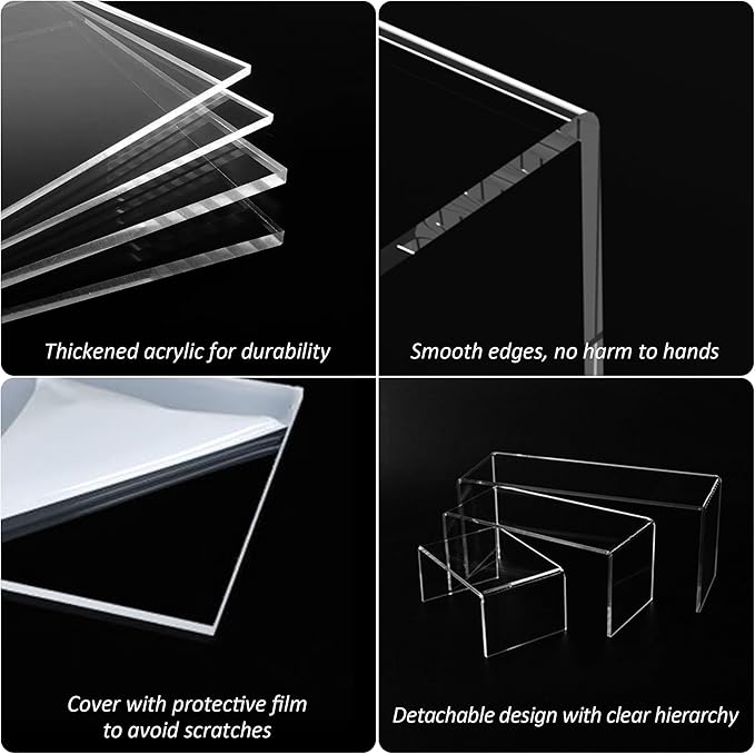Sezanrpt 9x9.5x10 Inch Clear Display Risers Shelf 3pcs, Countertop Rectangular Acrylic Display Stands for Funko Pop Figure, Bags, Collectibles