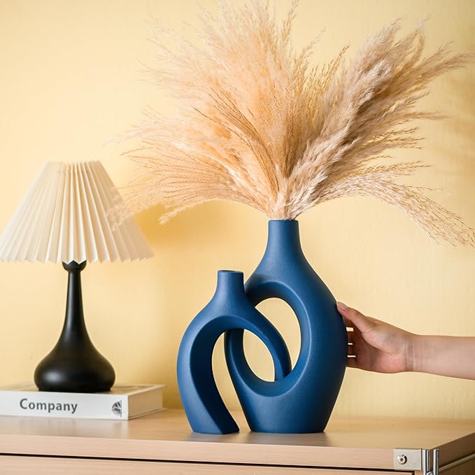 Lvases Snuggle Hollow Ceramic Vase Set of 2, 11Inch Nordic Modern Boho ins Style Decorative Ceramic Aesthetic Flower Vases for Home Decor Living Room Shelf Table Decorative (Matte Navy Blue)
