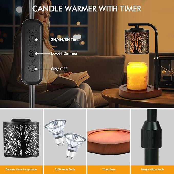 Candle Warmer Lamp with Timer & Dimmer- Electric Wax Melt Warmer with Adjustable Height for Scented Candles, Home Décor Fragrance and House Warming Birthday Gifts for Women Mom