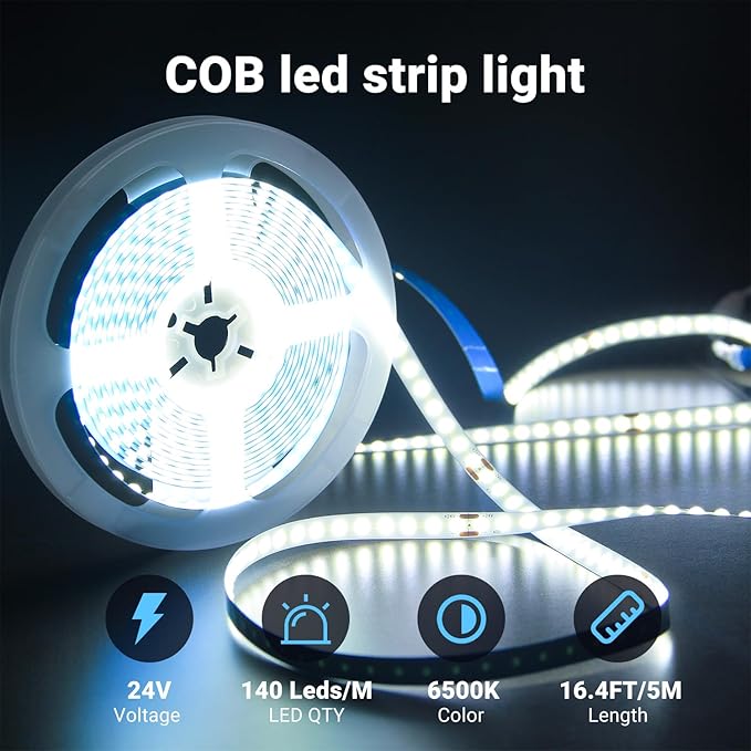 DAYBETTER 16.4FT Dimmable COB led Strip Light, High Brightness led Lights, 6500K Bright Daylight White, 24V, 140 LEDs, Flexible LED Tape Light Suitable for Bedroom, Kitchen, and DIY Home Decoration