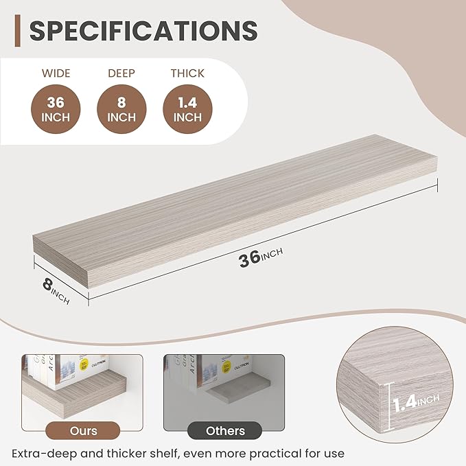 Acovy 36 Inch Floating Shelves, 8 Inch Deep Floating Shelves for Wall, Hanging Shelf with Invisible Brackets, Deep Shelves for Bathroom, Bedroom, Living Room, Grey, Set of 2
