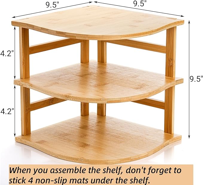 Goaste 3-Tier Bamboo Corner Shelf, Kitchen Countertop Storage Organizer, Cabinet Plate Rack for Pantry Organization, Bathroom, Desktop, 9.5 x 9.5 x 9.5 Inch