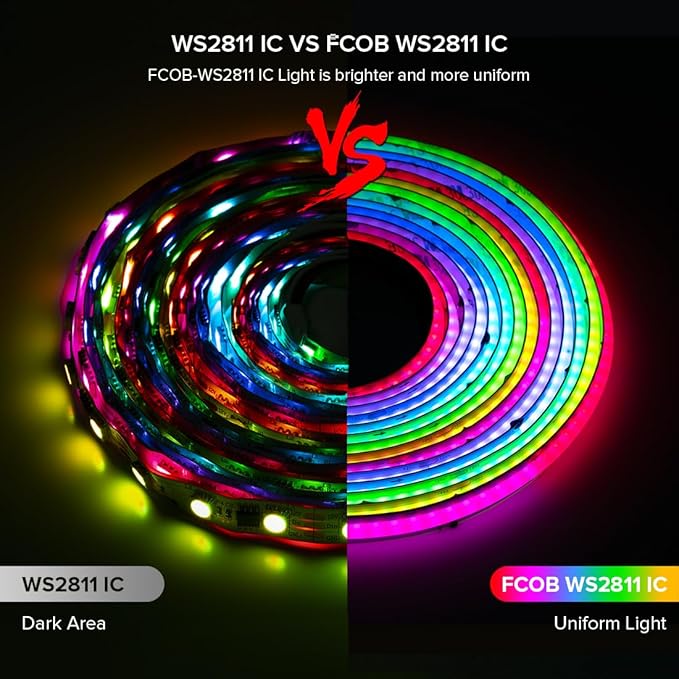 BTF-LIGHTING FCOB WS2811 IC RGB COB LED Strip 9.8FT DC12V 630LED/m Flexible High Density Uniform Chasing Color Light 14IC/m 10mm Width Dream Color for Home Indoor Decor(No Adapter or Controller)