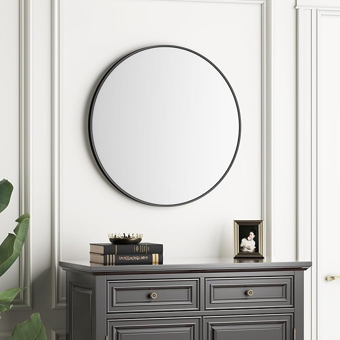 Itrue 30 Inch Round Wall Mirror, Brushed Black Metal Frame Circle Bathroom Vanity Mirror, Silver-Backed HD Glass Decorative Mirror for Over Sink, Bathroom, Living Room, Bedroom, Entryway