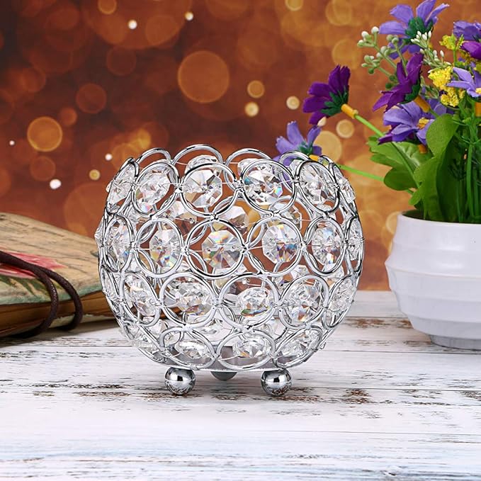 OwnMy 10cm Crystal Bowl Votive Candleholder Sparkly Tea Light Candle Holders Candle Lanterns Decorative Candelabra Vase for Christmas New Year Wedding Table Centerpieces (Silver Tone)