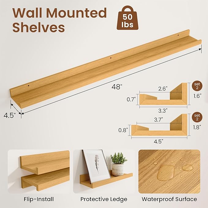 Heimlove Picture Ledge Shelf,48 inch Long Floating Shelves for Wall Set of 4,Picture Shelf with Lip for Wall Decor,Living Room,Bedroom,Bookshelf,Nursery,Perfume,Oak Color