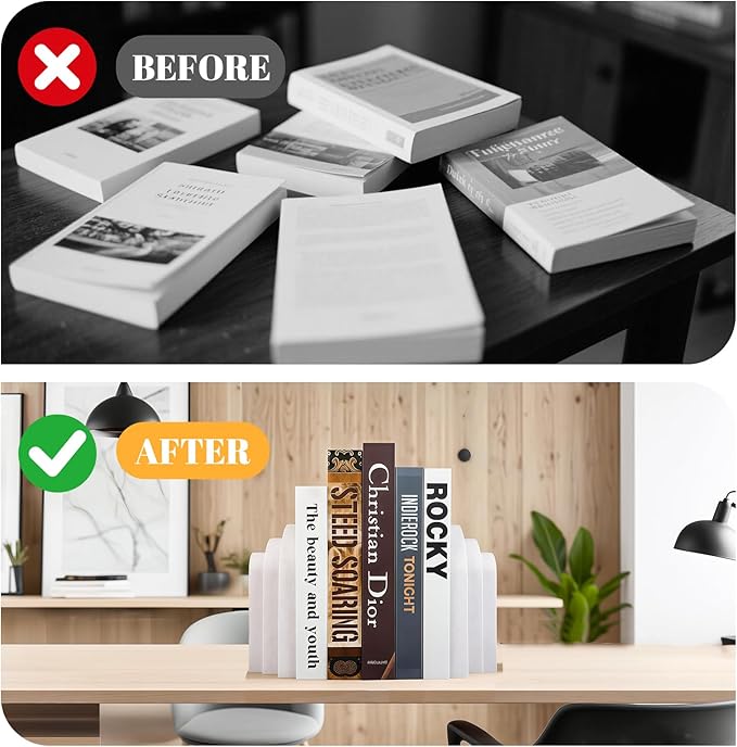 Book Ends, Bookend, Decorative Book Stopper for Shelves, Heavy Bookends for Shelves, Book Stopper for Heavy Books, Organizer for Home Office School, Aesthetic Pleasing Layered Arch Design (White)