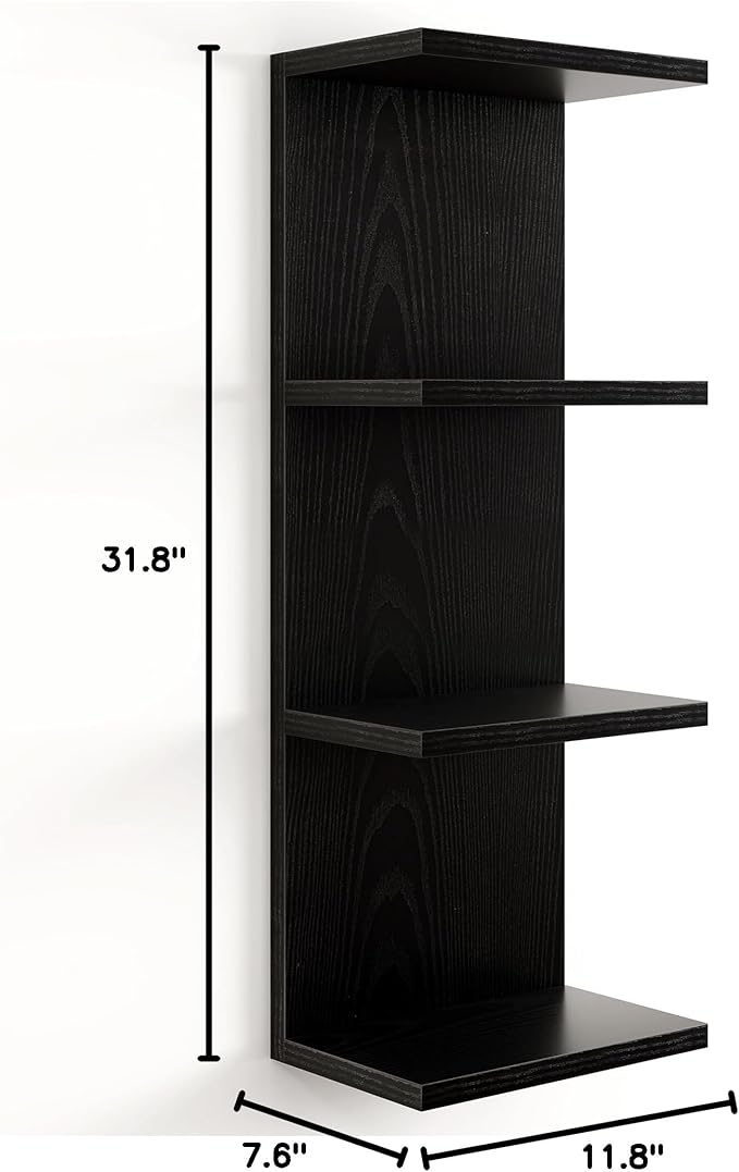 Fun Memories 4 Tier Wall Shelf Unit, Vertical Floating Shelf, Wall Mount Lack Shelving Home Decor Organizer Tall Tower Design Utility Shelving for Bedroom Living Room, Black