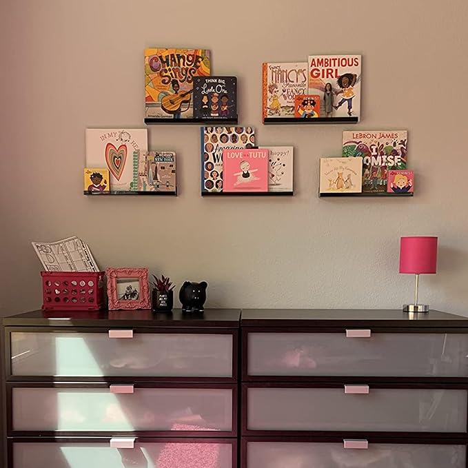 6 Pack Acrylic Shelves for Wall Storage,15" Floating Bookshelves for Kids, Display Shelf for Bathroom, Bedroom,Decor, Black