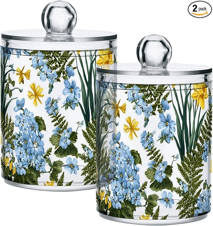 2 Pack Apothecary Jars Vibrant Wildflower Garden Floral Bathroom Vanity Storage Organizer Set,Small Clear Plastic Storage Jars Bathroom Canister for Cotton Swabs, Rounds, Balls, Qtips,Makeup Sp