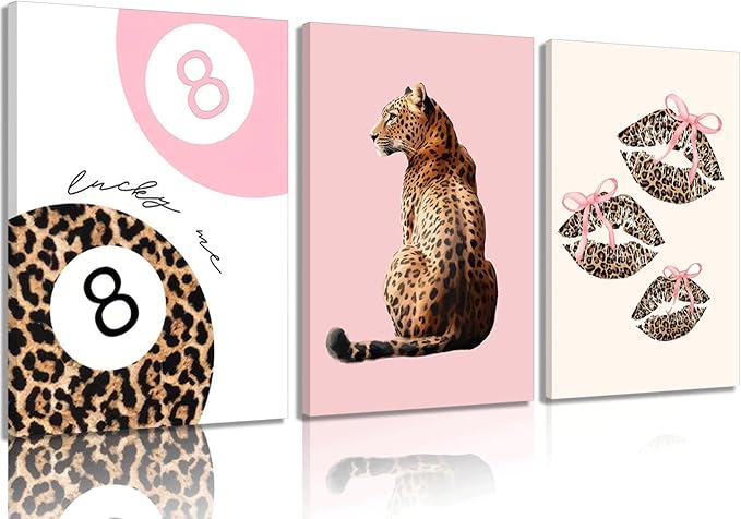 3Pcs Pink Trendy Leopard Print Canvas Wall Art,Fashion Cheetah Poster,Lucky 8-Ball Lip Bow Picture,Preppy Y2K Artwork Wall Decor for Bedroom Dorm Apartment.12x16in Framed