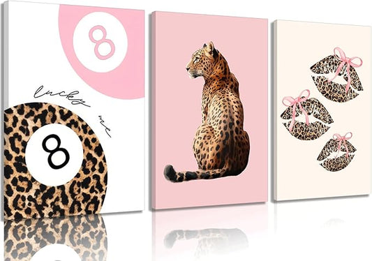 3Pcs Pink Trendy Leopard Print Canvas Wall Art,Fashion Cheetah Poster,Lucky 8-Ball Lip Bow Picture,Preppy Y2K Artwork Wall Decor for Bedroom Dorm Apartment.12x16in Framed