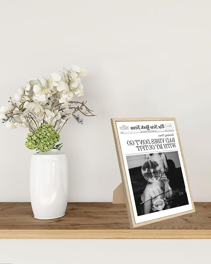 EcoHest Small Trendy Newspaper Magazine Framed Wall Art, 8x10 in OAK Wood Bad Vibes Don't Go With My Outfit Disco Bar Canvas Wall Art, Preppy Retro Home Decor For Bedroom Living Room 1Pack