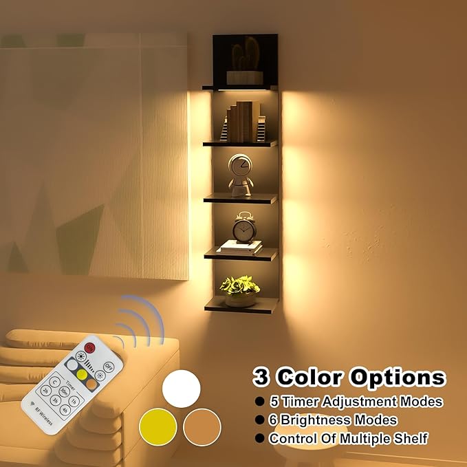 5 Tier Wall Shelves with LED Light, Vertical Column Shelf Floating Storage Home Decor Organizer Tall Tower Design Utility Shelf (Black)