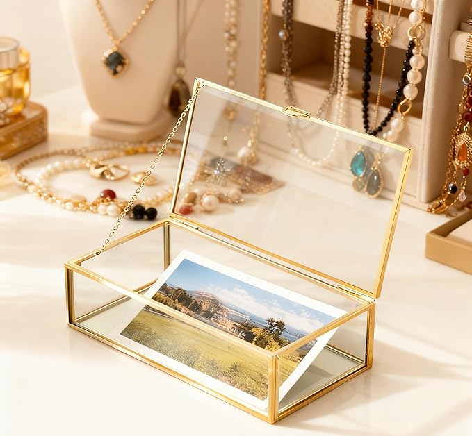 Feyarl Gold Glass Jewelry Box Clear Keepsake Photo Display Box Trinket Ring Earrings Storage Organizer Box Display Case Holder for Dresser Home Decor Wedding (8 x 4.3 x 2.2 inch)