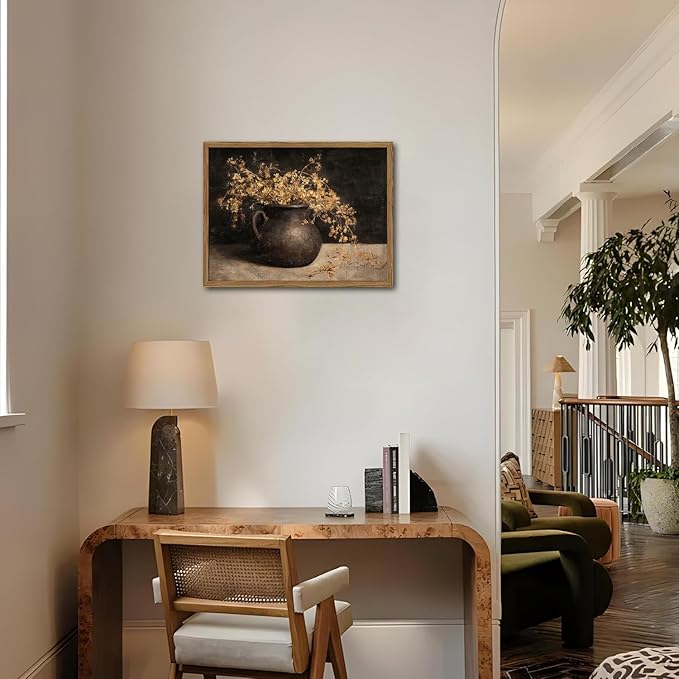 Framed Vintage Floral Wall Art, 3D Textured Sandstone Dark Still Life Flowers Wall Decor Paintings, Rustic Botanical Pictures Prints Aesthetic Home Decor for Living Room Bedroom 12x16 inch