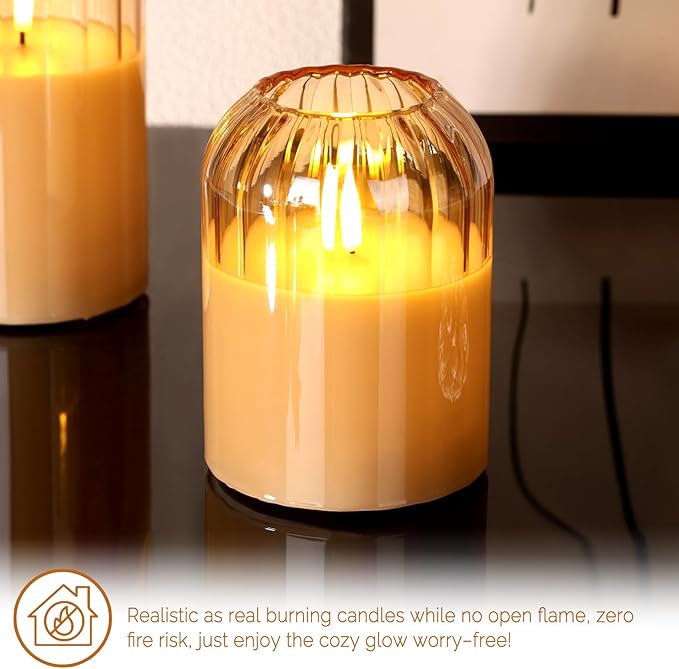 Gold Glass Flameless Candles with Remote, Real Wax Flickering Battery LED Pillar Candles Set of 3
