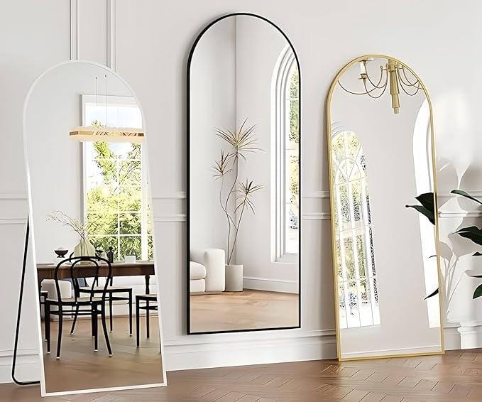 Dewfig Arched Full Length Mirror, 64"x21" Gold Mirror with Stand, Full Body Mirrors for Leaning Against or Wall Mounted, Large Floor Mirrors for Bedroom, Living Room, Black