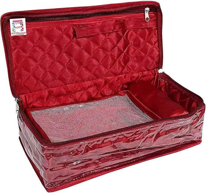 atorakushon Satin Maroon Make-Up Pouch Jewellery Box 4 Pouch 1 roll Bangle in Cosmetic Bag Necklace Earrings Vanity Jewellery Organiser For Women's