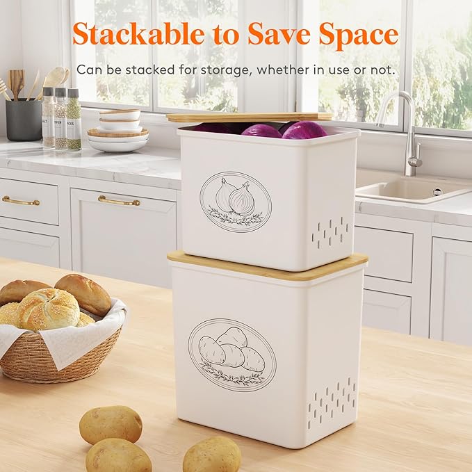 Lifewit Potato and Onion Storage Bin, Stackable Garlic Keeper with Aerating Holes and Lid, Plastic Vegetable Container Box for Pantry Countertop, White, 24 x 18 x 24 cm/9.5 x 7 x 9.5 inch, Set of 2