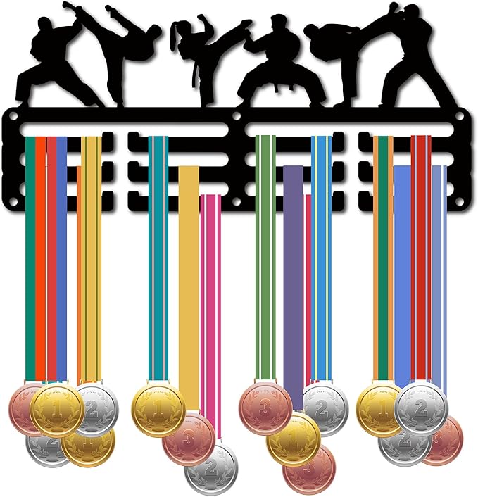 CREATCABIN Karate Medal Holder Medal Hanger Display Rack Sports Metal Hanging Awards Iron Small Mount Decor Awards for Wall Home Badge Race Running Gymnastics Swimming Medalist Black 11.4 x 5.1 Inch
