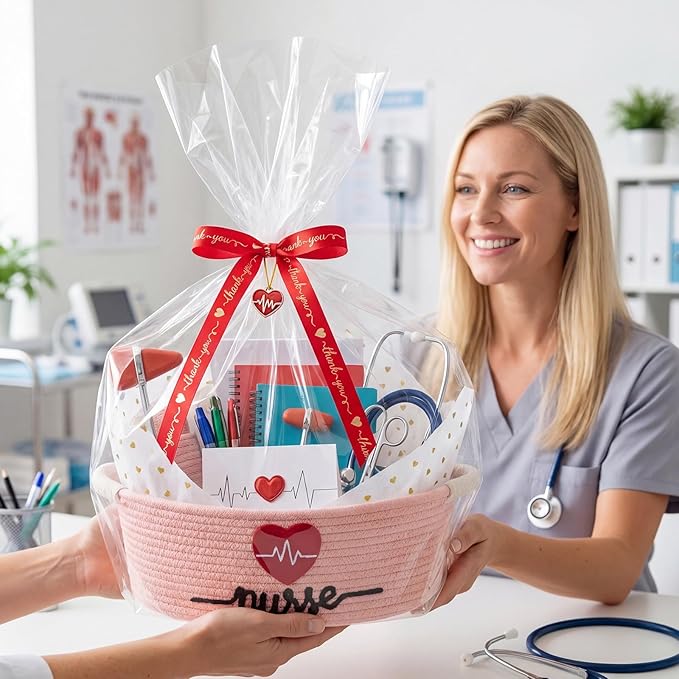 Colingmill 2026 Graduations & Nurses Week Gift Basket Empty to Fill, Woven Rope Basket 15" x 11" x 6" Decorative Storage Baskets with Gift Bag, Bow, Tissue Paper & Year Charm(Pink)