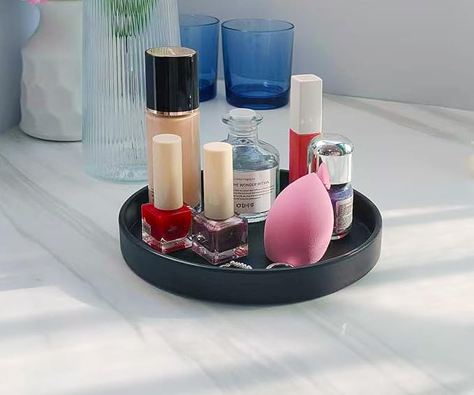 Black Round Small Tray - 6.5 Inch Elegant Bathroom Vanity Tray, Kitchen Counter Organizer & Coffee Table Decor | Sturdy Plastic Serving Tray for Perfume, Soap, or Essentials