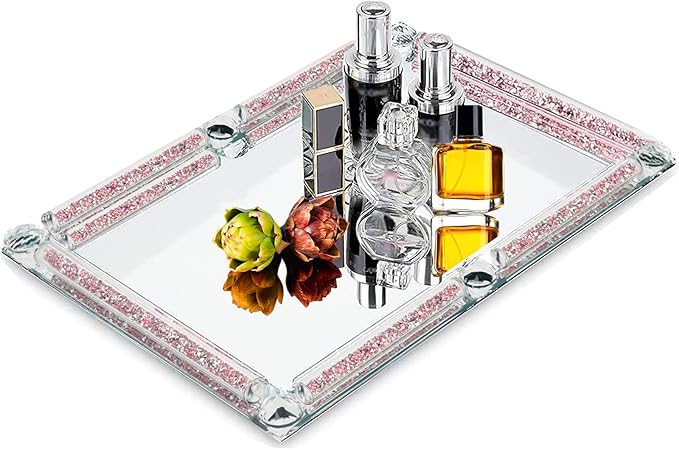 Crystal Perfume Tray,Crushed Diamond Filled Crystal Glass Tray,11.8" x 7.9" Rectangular Cosmetic Makeup Vanity Trays,Mirror Jewelry Trinket Tray,Serving Tray for Home Decor,Party,Hotel Banquet (Rose)